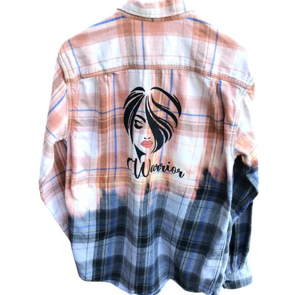 Bleached Flannel Shirt, Size Medium: Upcycled Painted Lady Portrait Warrior - Picture 4 of 12